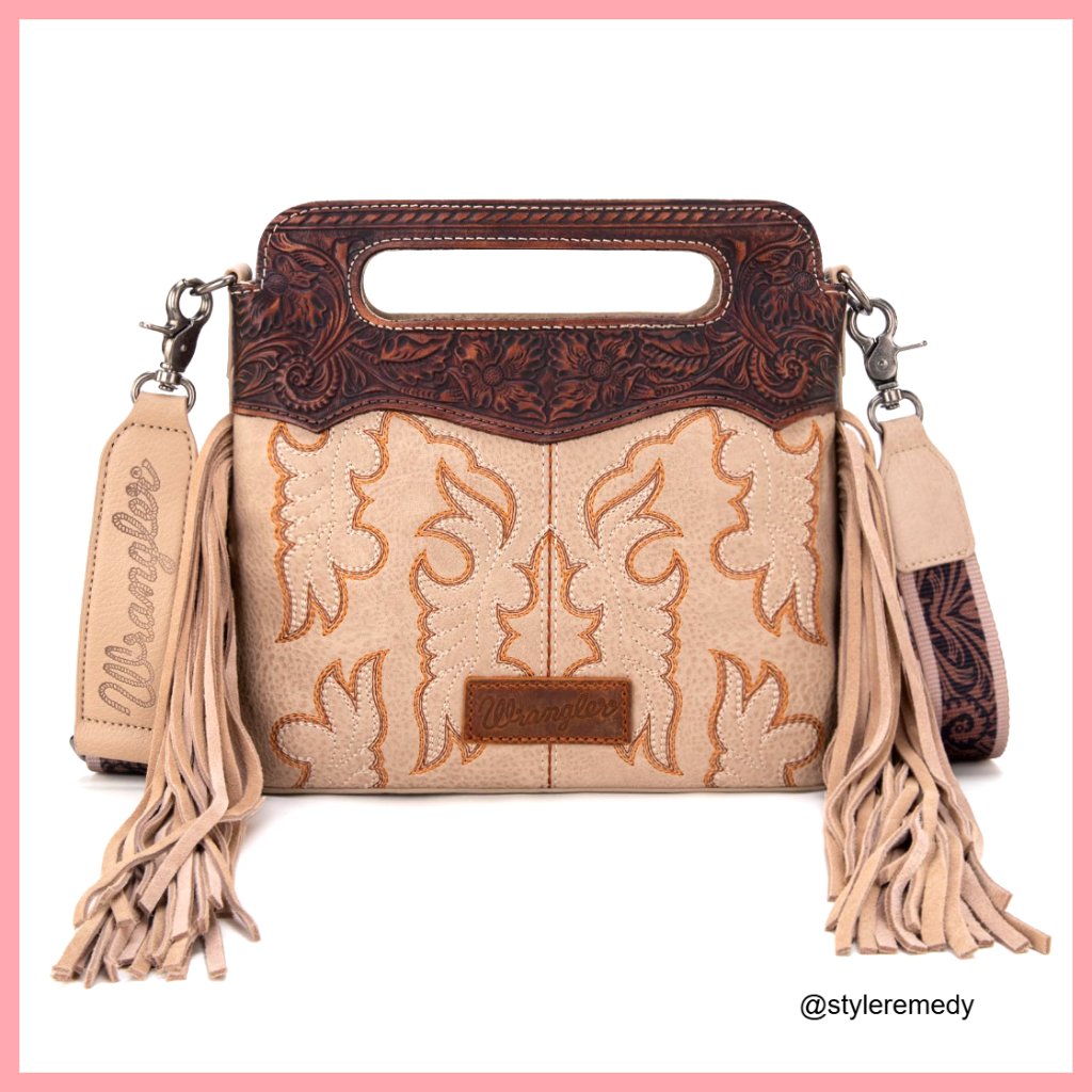 Faux Leather Crossbody Bag With Western Fringe And Embroidered Boot Scroll